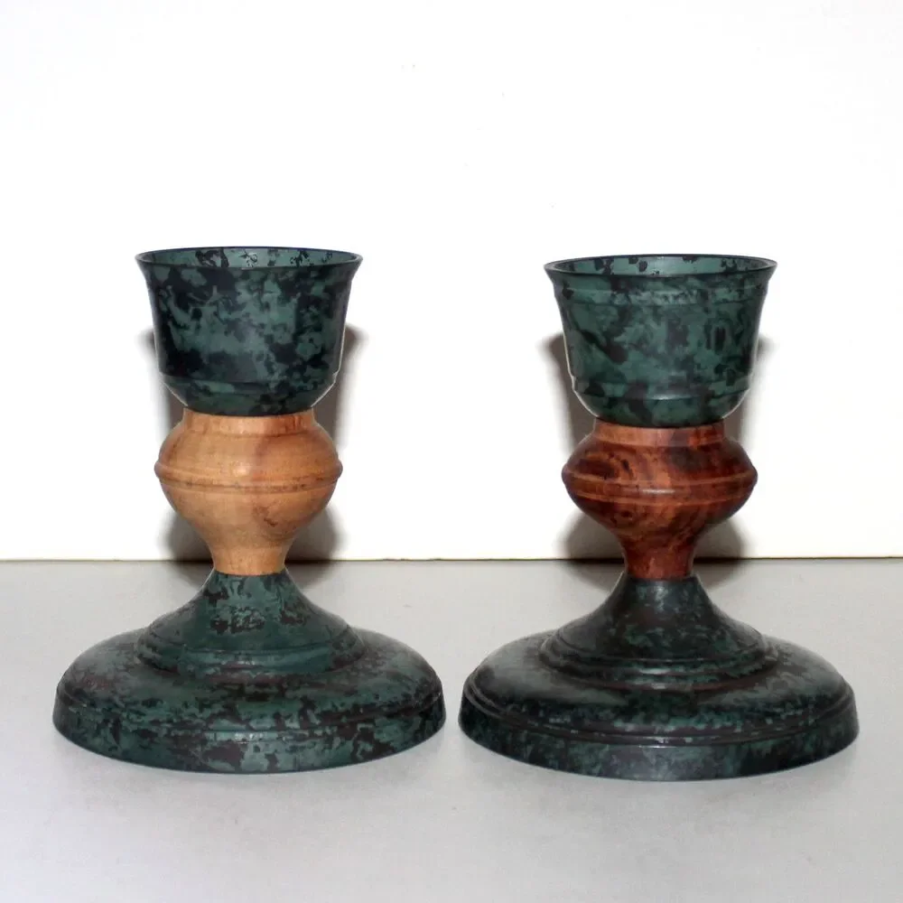 Vintage Pier 1 pair Candle Holder brass wood green house decor boho eclectic